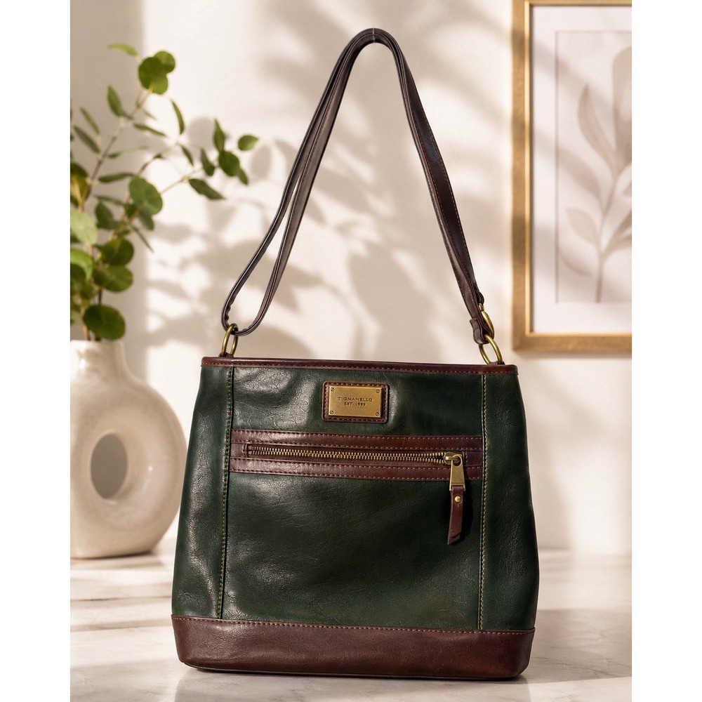 Tignanello Genuine Leather Shoulder Bag Green Brown Gold Hardware